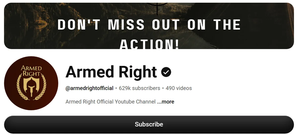 The Armed Right YouTube channel page, verified, 629k subscribers and 490 videos, grown organically by the IBIX founder